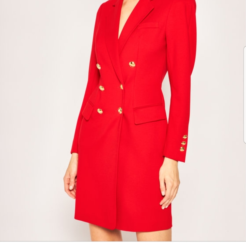 Escada 36 6 Rita Ora Coatdress Red gold dress midi barbiecore barbie